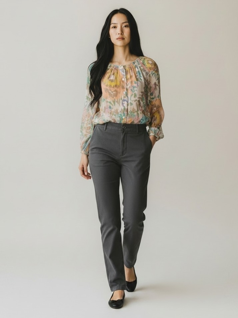 Sundance Sheer Floral Pintuck Silk Blouse in Pastel Multicolor Misses Size Small